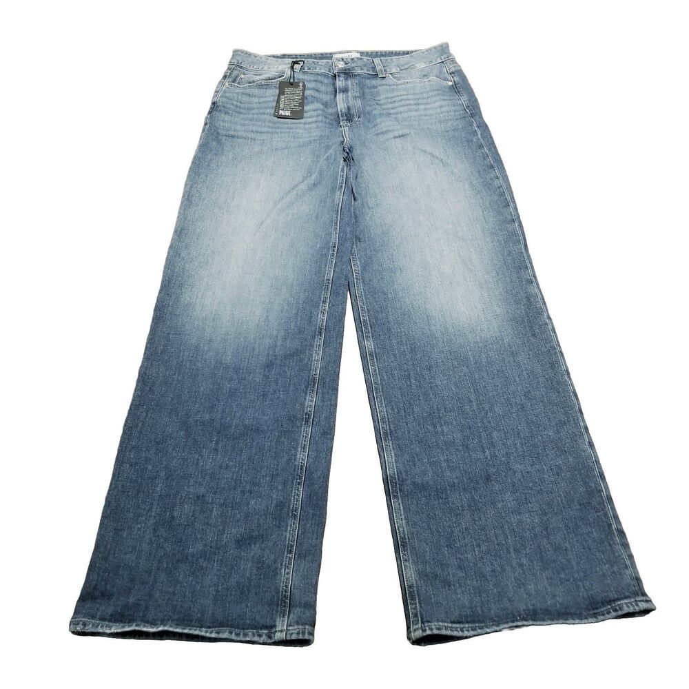 NWT Paige Sasha Jeans Women Size 33 Tall Wide Leg Blue Stretch Denim New (35x34)